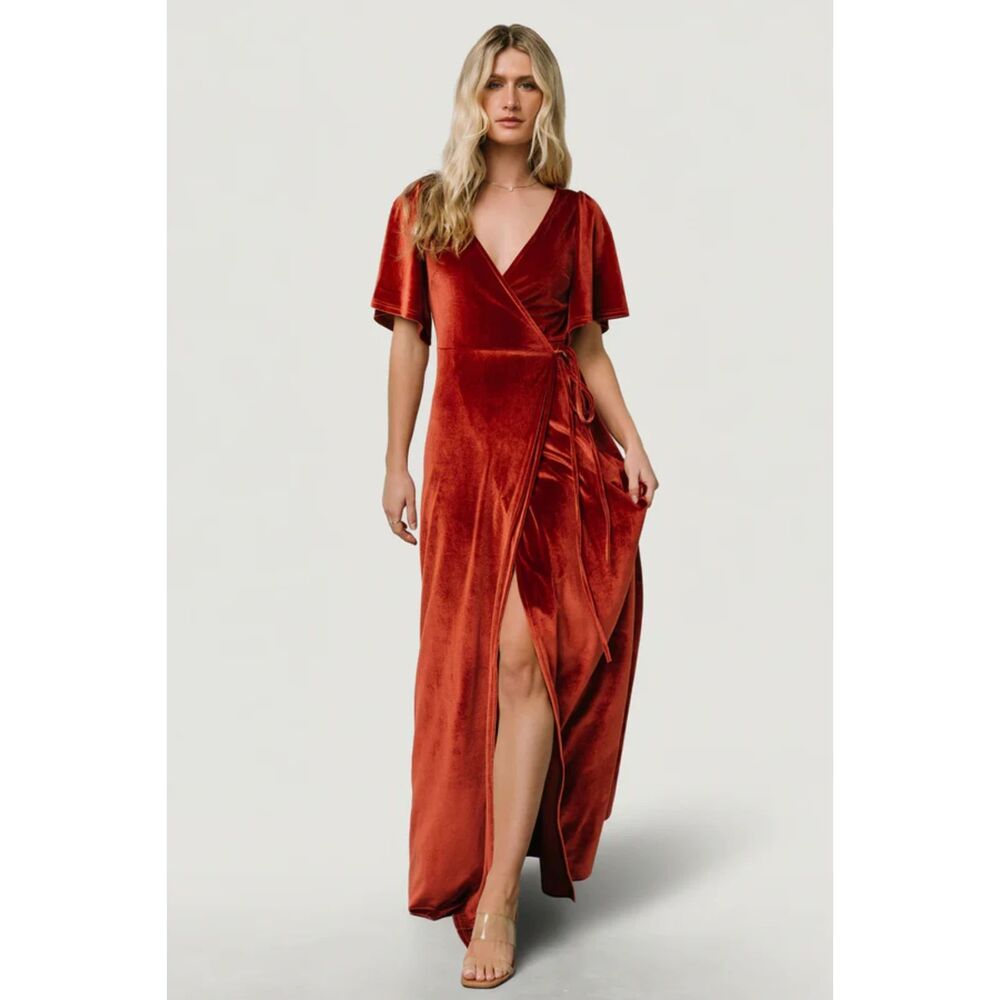 Baltic Born XS Rust Orange Meghan Velvet Wrap Maxi Dress Formal Romantic